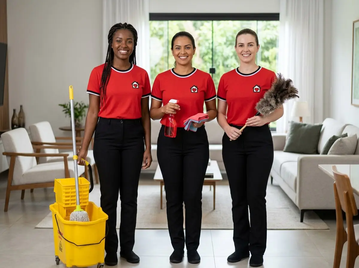 Três profissionais de limpeza sorrindo, com uniforme vermelho e produtos de limpeza