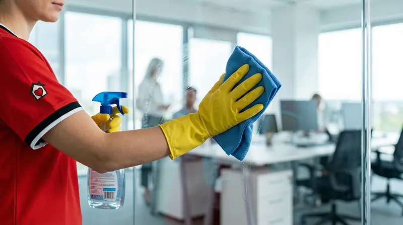 Profissional limpando a divisória de vidro de um escritório