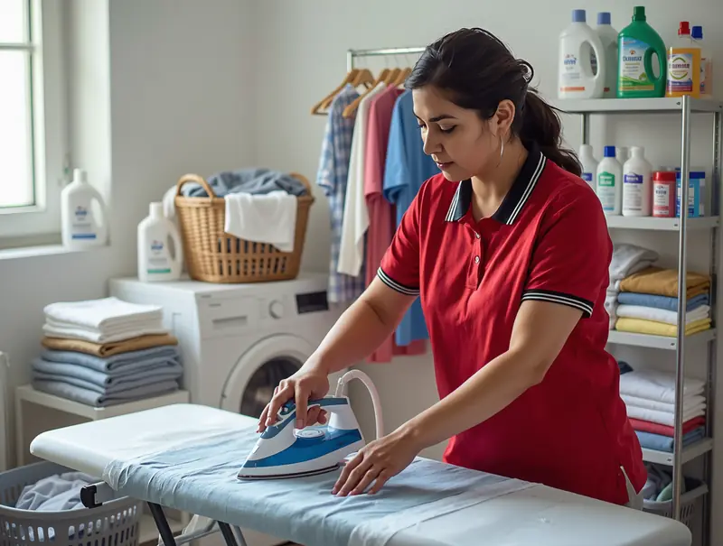Profissional passando roupas em uma casa