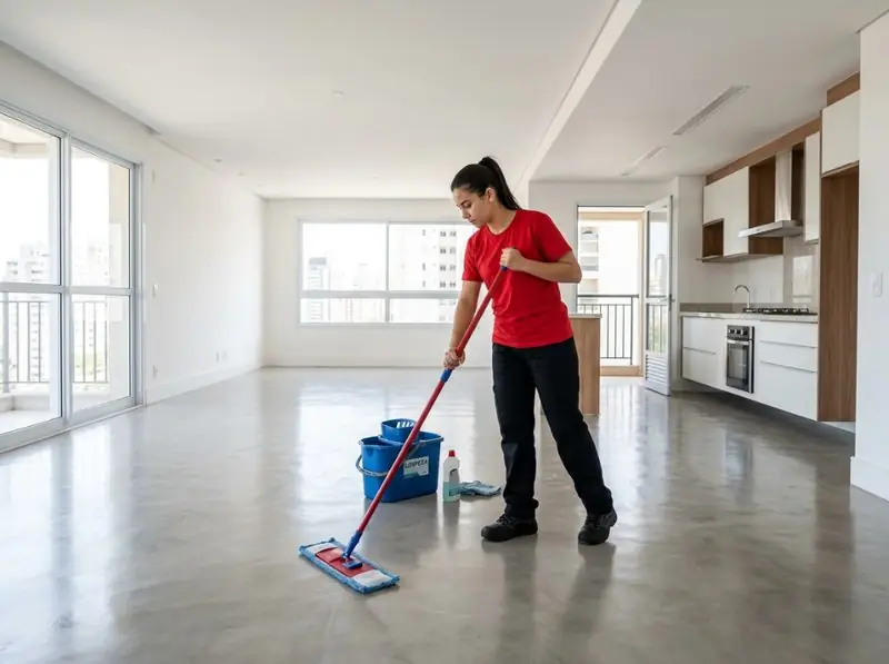 Profissional limpando o piso de um apartamento vazio depois da obra