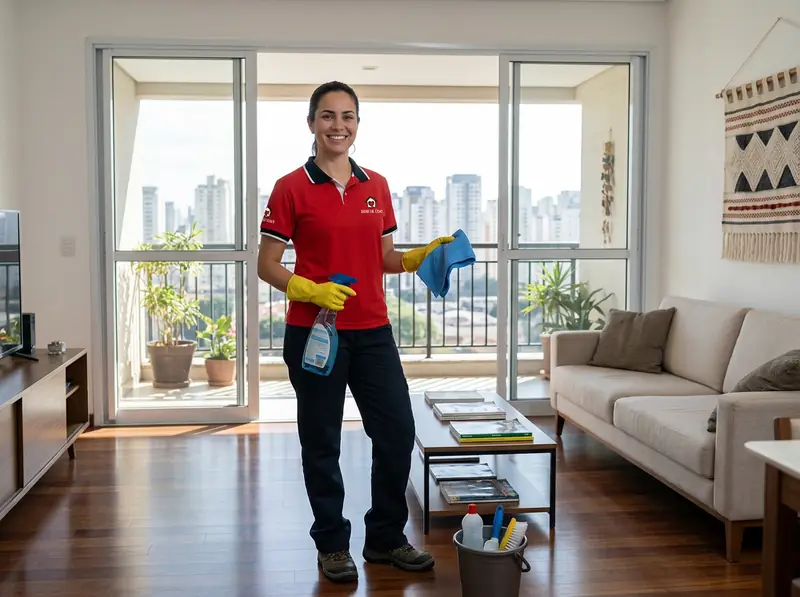 Diarista fazendo limpeza residencial em uma sala de apartamento