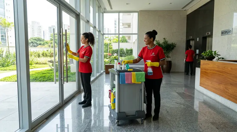 Equipe de limpeza trabalhando no hall de um condomínio
